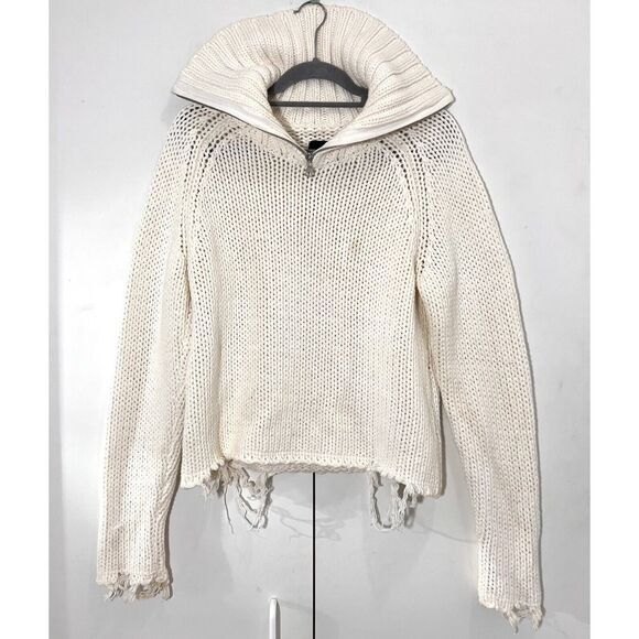 R+ A Sweater Womens L Chunky High Neck 1/4 Zip Ivory Distressed Pullover FLAW - Picture 1 of 11